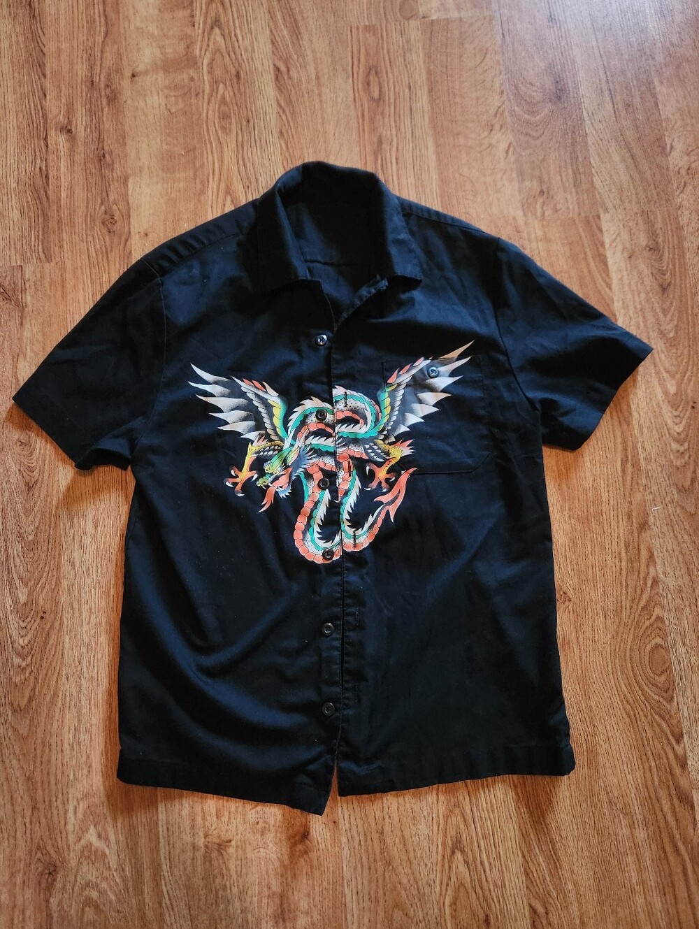 Ed Hardy Black Short-Sleeve Shirt with Colorful Dragon Graphic